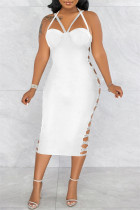 White Sexy Solid Hollowed Out Patchwork Backless Slit Spaghetti Strap Sleeveless Dress