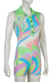 Multicolor Fashion Casual Print Patchwork Turndown Collar Skinny Rompers