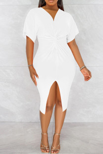 White Fashion Casual Solid Patchwork Slit V Neck Short Sleeve Dress