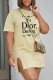Khaki Fashion Casual Print Letter O Neck Straight Dresses