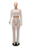 Yellow Fashion Sexy Solid Hollowed Out See-through O Neck Long Sleeve Two Pieces