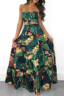 Green Fashion Sexy Print Backless Strapless Sleeveless Two Pieces