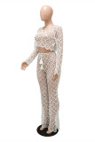 Yellow Fashion Sexy Solid Hollowed Out See-through O Neck Long Sleeve Two Pieces