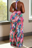 Pink Fashion Print Patchwork Halter Boot Cut Jumpsuits