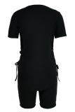 Blue Fashion Hot Drilling Draw String O Neck Short Sleeve Two Pieces