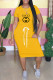 Yellow Fashion Casual Print Letter O Neck One Step Skirt Dresses