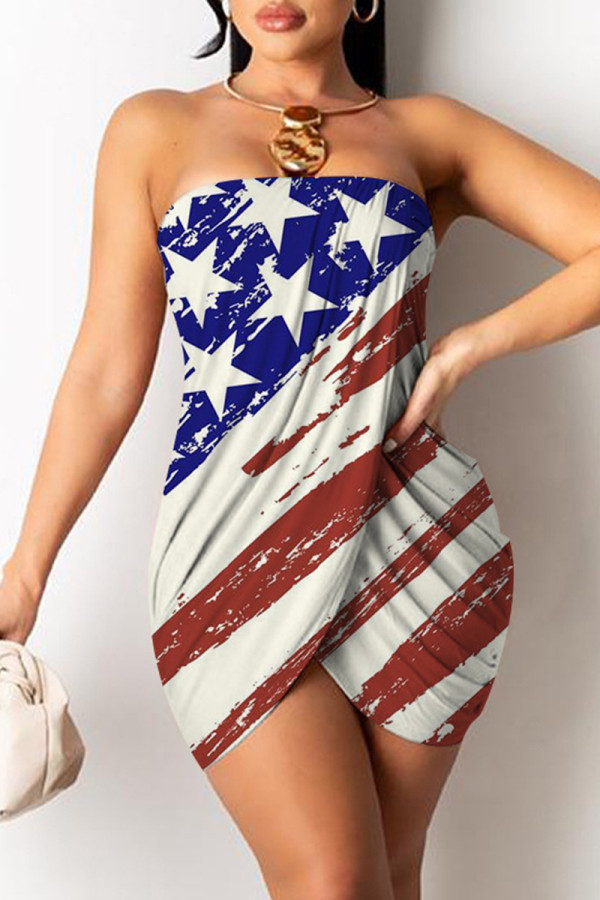 Blue White Fashion Sexy Print Patchwork Backless Strapless Sleeveless Dress
