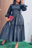 Tibetan Blue Fashion Casual Solid Patchwork O Neck Long Sleeve Dresses