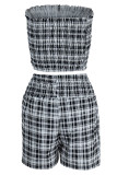 Blue Casual Plaid Print Patchwork Strapless Sleeveless Two Pieces