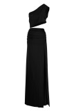 Black Fashion Sexy Solid Hollowed Out Patchwork Slit One Shoulder Long Dress(Without Waist Chain)