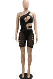 Red Sexy Solid Hollowed Out Patchwork Asymmetrical Oblique Collar Sleeveless Two Pieces