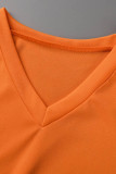 Orange Fashion Casual Solid Patchwork Slit V Neck Short Sleeve Two Pieces