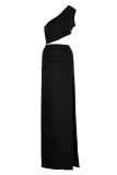 Black Fashion Sexy Solid Hollowed Out Patchwork Slit One Shoulder Long Dress(Without Waist Chain)