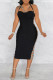 Black Sexy Solid Hollowed Out Patchwork Backless Slit Spaghetti Strap Sleeveless Dress