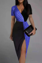 Blue Fashion Sexy Patchwork Slit V Neck Short Sleeve Dress