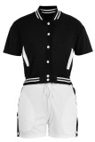 Red Casual Patchwork Pocket Cardigan Collar Short Sleeve Two Pieces