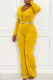 Yellow Fashion Casual Print Letter V Neck Jumpsuits