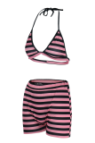 Pink Fashion Striped Patchwork Spaghetti Strap Sleeveless Two Pieces