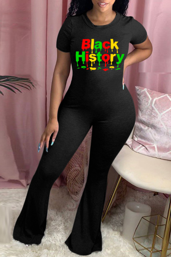 Black Green Fashion Casual Letter Print Basic O Neck Skinny Jumpsuits
