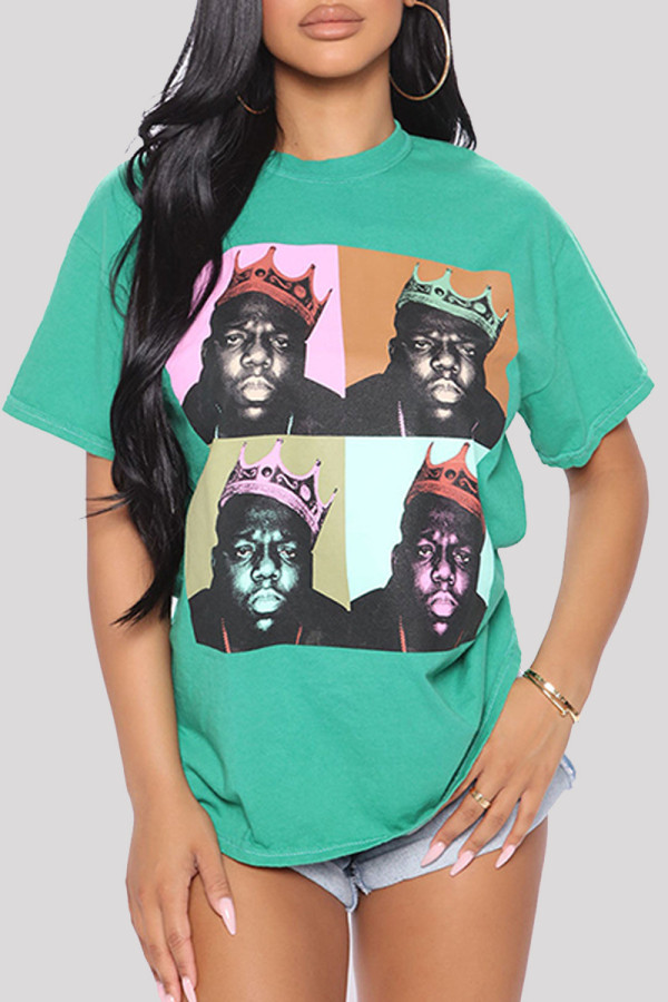 Green Fashion Casual Print Basic O Neck T-Shirts