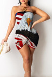 Red Blue Fashion Sexy Print Patchwork Backless Strapless Sleeveless Dress