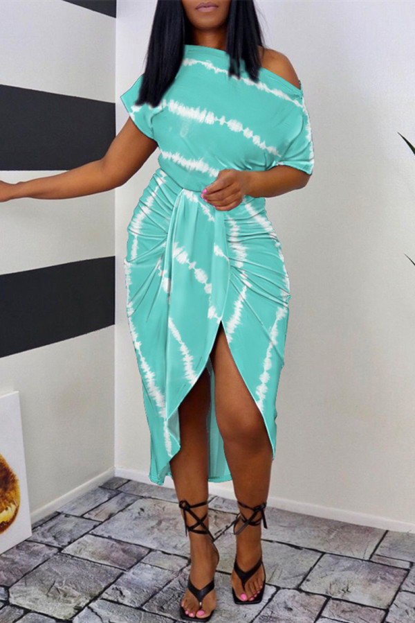 Lake Blue Fashion Casual Print Patchwork Oblique Collar Short Sleeve Dress