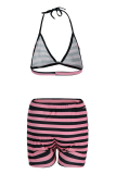 Pink Fashion Striped Patchwork Spaghetti Strap Sleeveless Two Pieces
