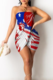 Red Blue Fashion Sexy Print Patchwork Backless Strapless Sleeveless Dress