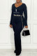 Black Fashion Casual Print Letter V Neck Jumpsuits