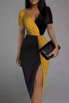 Yellow Fashion Sexy Patchwork Slit V Neck Short Sleeve Dress