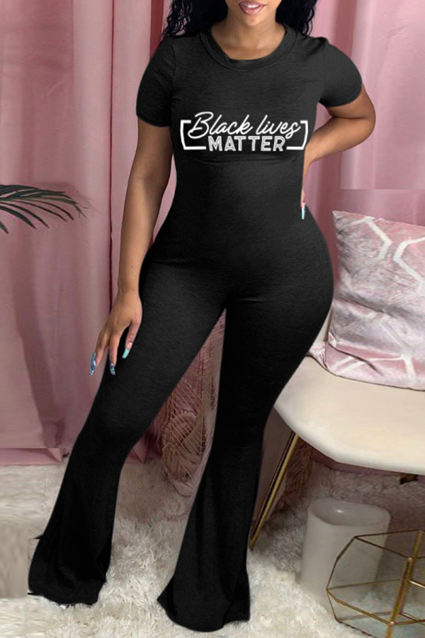 Black Fashion Casual Letter Print Basic O Neck Skinny Jumpsuits