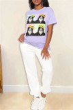 Purple Fashion Casual Print Basic O Neck T-Shirts
