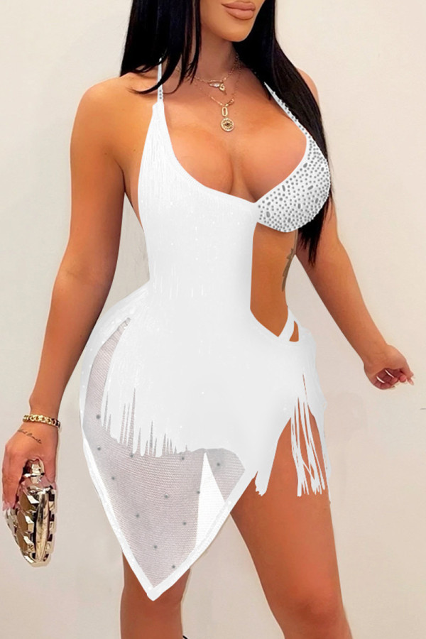 White Sexy Patchwork Solid Hot Drilling Tassel Bandage Backless Halter Sleeveless Dress