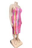 Pink Fashion Sexy Plus Size Print Backless Spaghetti Strap Sleeveless Dress