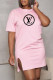 Pink Fashion Casual Print Letter O Neck One Step Skirt Dresses