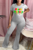 Pink Fashion Casual Letter Print Basic O Neck Skinny Jumpsuits