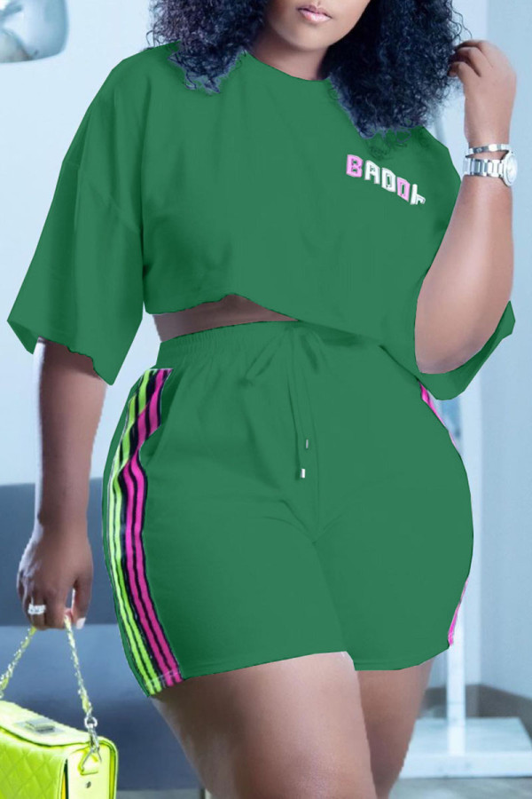 Green Casual Print Patchwork O Neck Short Sleeve Two Pieces