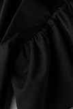 Black Elegant Solid Patchwork Flounce Fold O Neck One Step Skirt Dresses