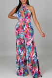 Pink Fashion Print Patchwork Halter Boot Cut Jumpsuits
