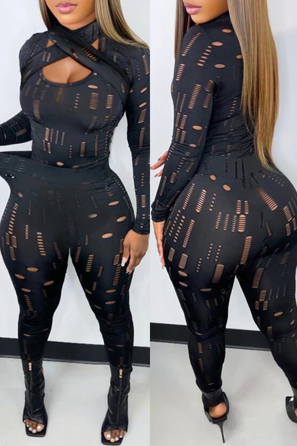 Black Fashion Sexy Solid Ripped Hollowed Out O Neck Long Sleeve Two Pieces