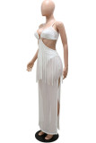 White Sexy Solid Tassel Patchwork See-through Spaghetti Strap Straight Dresses