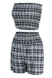Blue Casual Plaid Print Patchwork Strapless Sleeveless Two Pieces