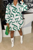 Green Casual Print Patchwork Turndown Collar Shirt Dress Dresses