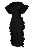 Black Elegant Solid Patchwork Flounce Fold O Neck One Step Skirt Dresses