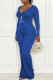 Blue Fashion Casual Print Letter V Neck Jumpsuits