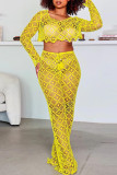 Yellow Fashion Sexy Solid Hollowed Out See-through O Neck Long Sleeve Two Pieces