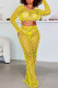 Yellow Fashion Sexy Solid Hollowed Out See-through O Neck Long Sleeve Two Pieces