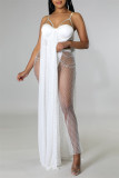 White Fashion Sexy Patchwork Hot Drilling Backless Slit Spaghetti Strap Long Dress