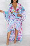 Purple Fashion Sexy Not Positioning Printed Hollowed Out Asymmetrical V Neck Long Sleeve Dresses