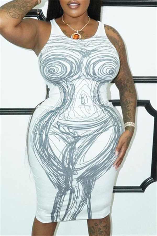 White Fashion Sexy Print Basic O Neck Vest Dress Dresses